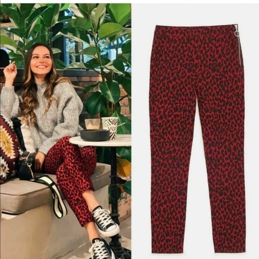 NWOT Zara Basic Red & Black Animal Print Side Zipper Skinny Pants XS